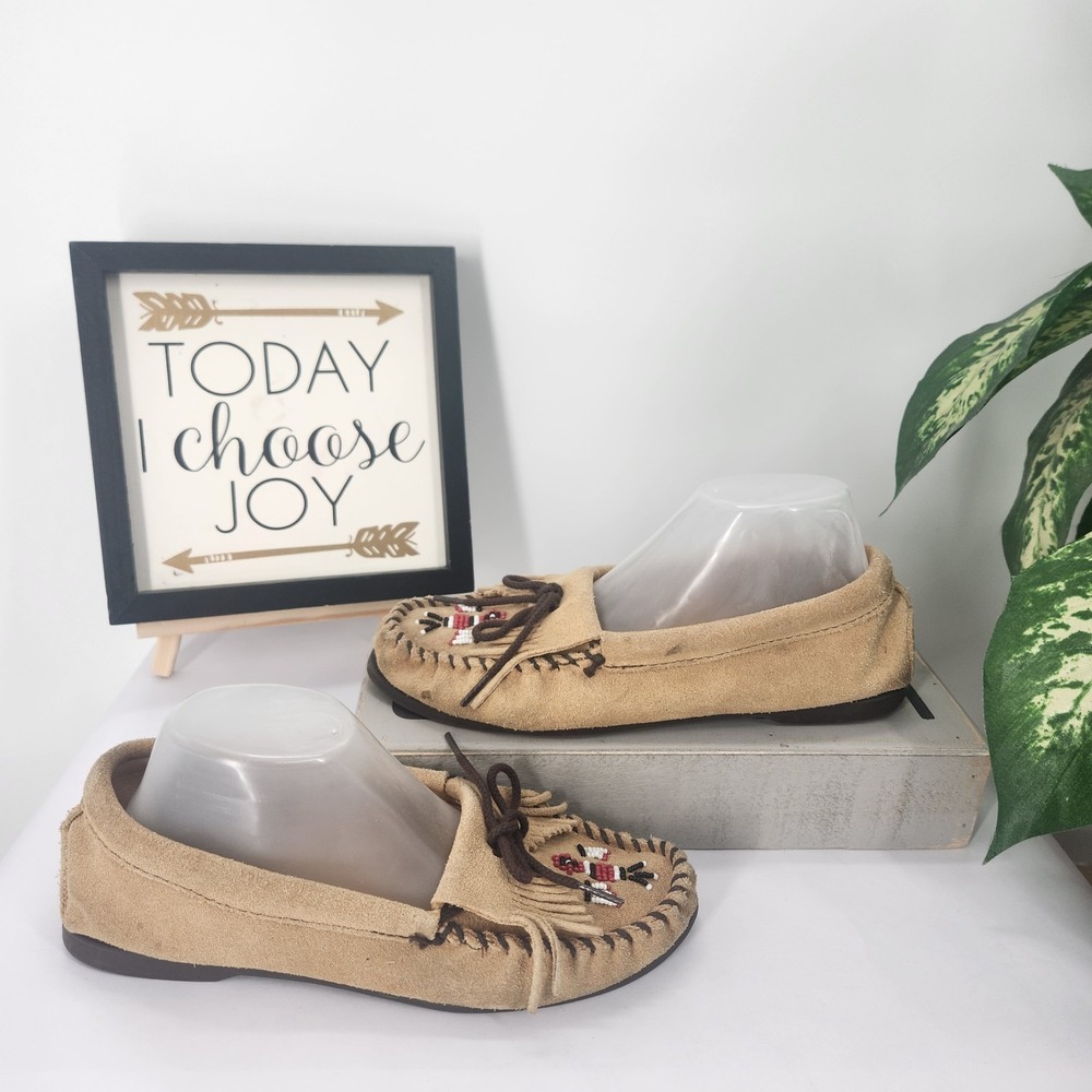 Minnetonka Thunderbird Animikii Suede Leather Beaded Moccasin Indian Tribal 8.5